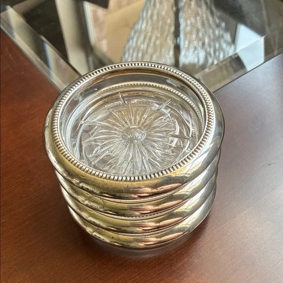 EUC! Vintage! Elegant Silver-plate and Cut Glass Coaster Set. - Picture 2 of 11